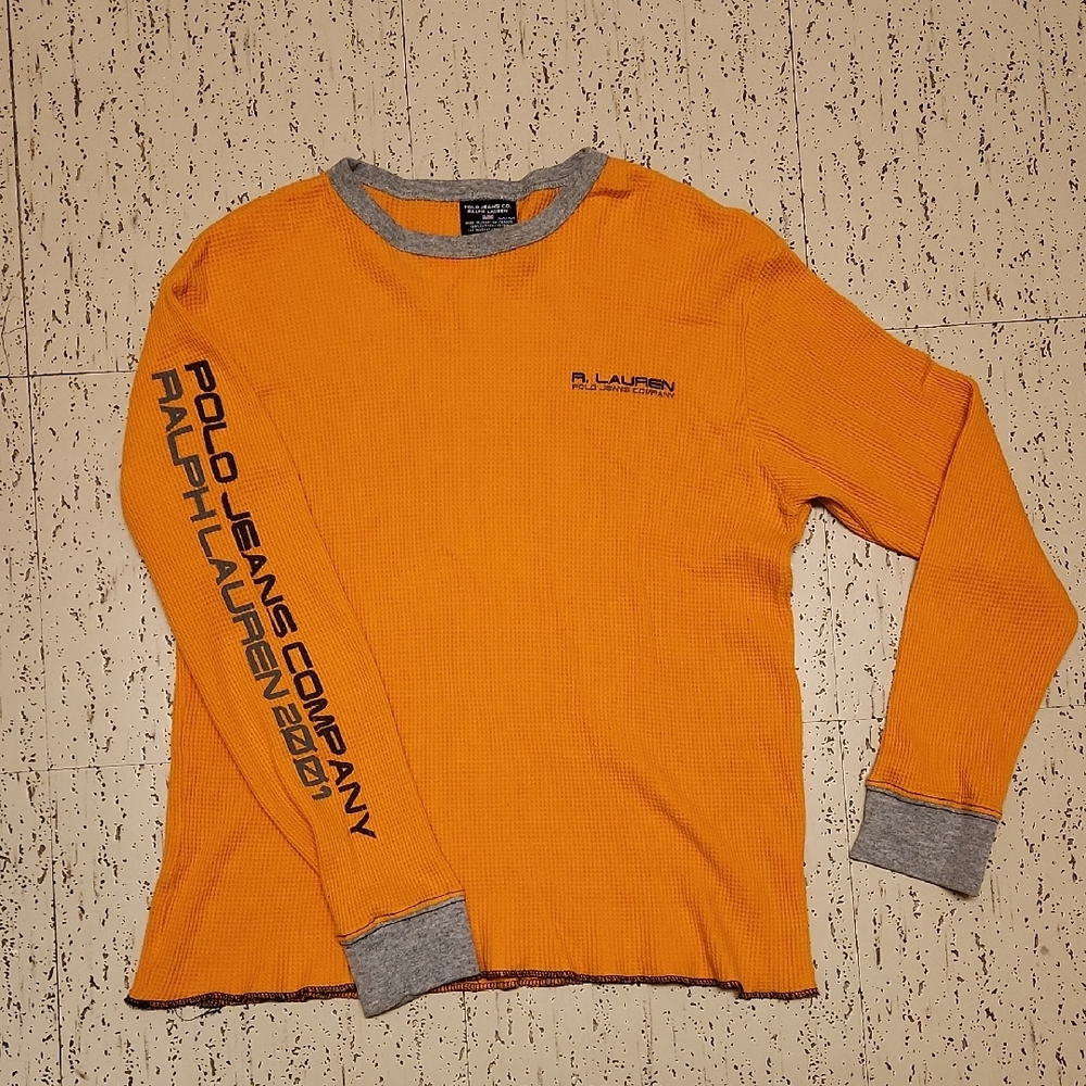 Ralph Lauren Polo Orange Spellout Logo Waffle Knit Crewneck Sweater Vintage Y2k